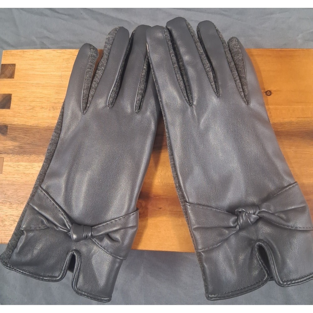 Women's Dark Gray Faux Leather Bow Accent Winter Gloves Touchscreen Lined